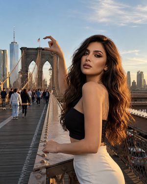 Forced Perspective Brooklyn Bridge Portrait — Use the provided reference image. STRICT FACE & IDENTITY LOCK: Preserve the woman's face, facial proportions, skin