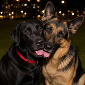 Night Park Portrait of Two Dogs — Create a photorealistic square close-up portrait of two friendly dogs sitting cheek-to-cheek in a dark park at night: on the l