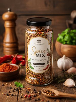 Premium Spice Jar Product Photo — Create a photorealistic high-end commercial product advertisement for a transparent glass spice jar centered on a rustic woode