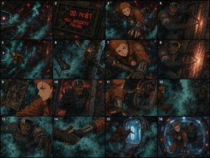 Zero-Gravity Survival Storyboard — Goal: Create a detailed 16-panel storyboard for a 15-second animated zero-gravity survival short in…