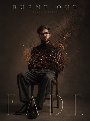 Dissolving Ember Man Studio Portrait — A man sits quietly on a chair in an empty studio. His upper body gradually dissolves into glowing ash and drifting embers