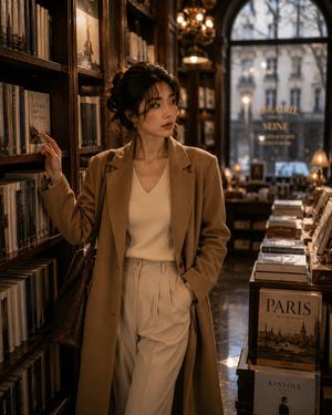 Korean Woman in Parisian Bookstore — Ultra-realistic luxury editorial lifestyle photograph of the same elegant {argument name="subject" d…