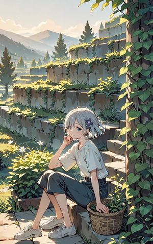 Anime Girl in Overgrown Mountain Garden — Create a vertical anime-style illustration of {argument name="character name" default="Kaga Sumire"}, a petite young g