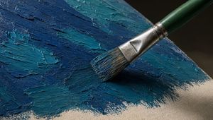 Macro Oil Paint Brush on Canvas — Create an ultra-realistic macro photograph of a single artist paintbrush applying thick oil paint onto a stretched canvas. The