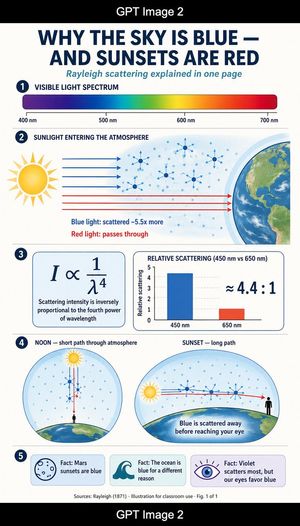 Rayleigh Scattering Infographic — Goal: Create a tall single-page educational science infographic explaining {argument name="headline…