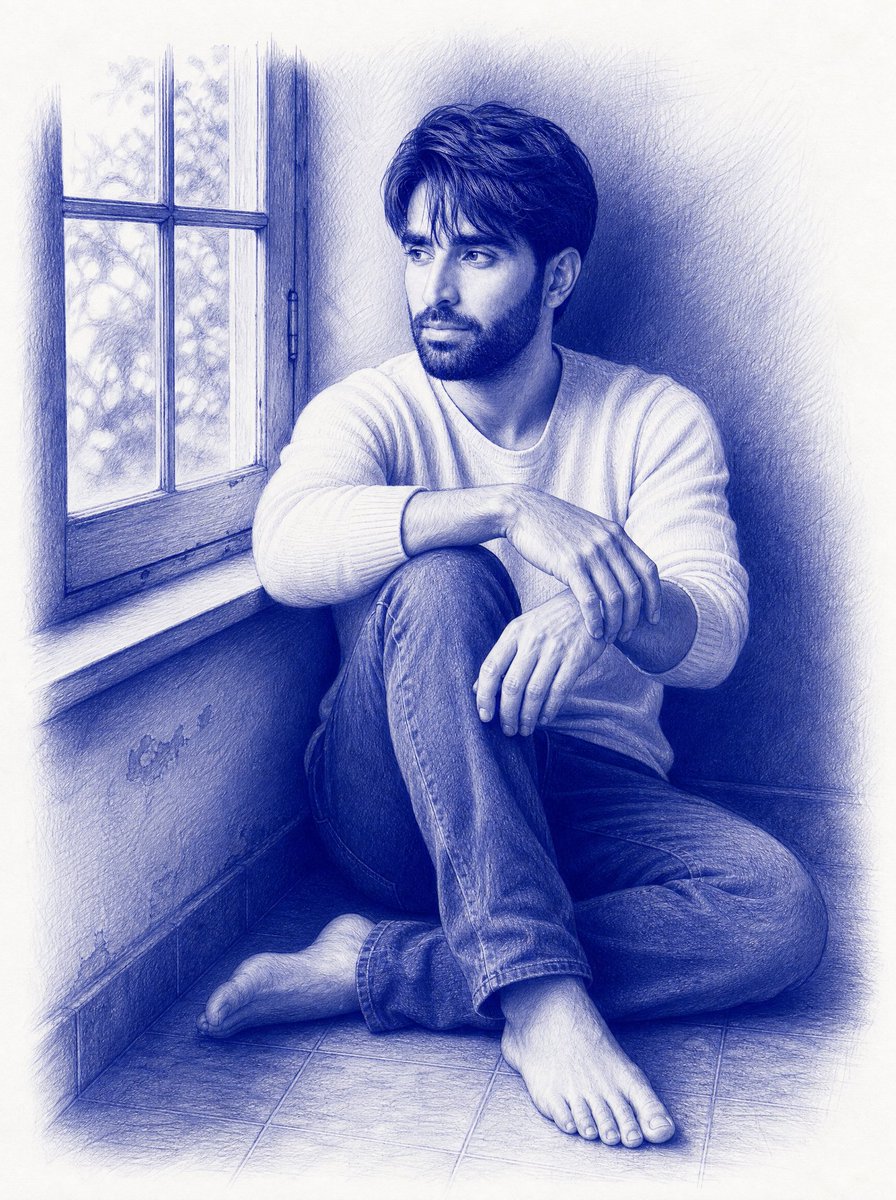 Monochromatic Blue Ballpoint Pen Portrait