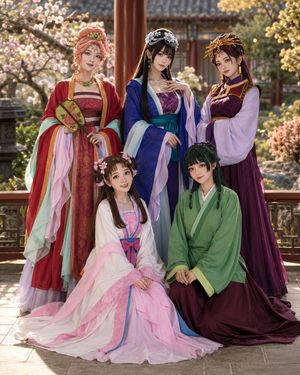 The Apothecary Diaries Character Group — AIコスプレ
『薬屋のひとりごと』
キャラ
緑の服＝猫猫（主役）
赤い服＝玉葉妃
青い服＝梨花妃
紫の服＝桜蘭妃
桃の服＝里樹妃