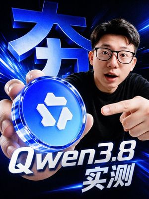 Cyber Blue Qwen Tech Review Poster — Create a dramatic vertical 4:5 tech influencer poster in a glossy cyber-blue style. A young East Asian man with short black
