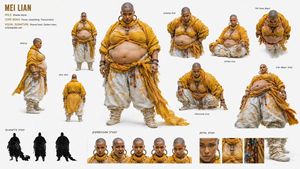 Shaolin Monk Character Sheet — Goal: Create a high-end cinematic character design sheet for {argument name="character name" default…