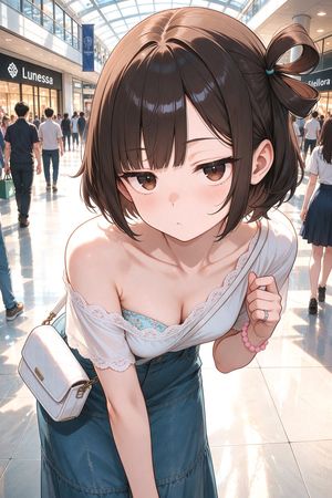 Anime Mall Fashion Portrait — Create a polished anime-style vertical portrait of a young woman in a bright modern indoor shopping mall, viewed from a slightly h