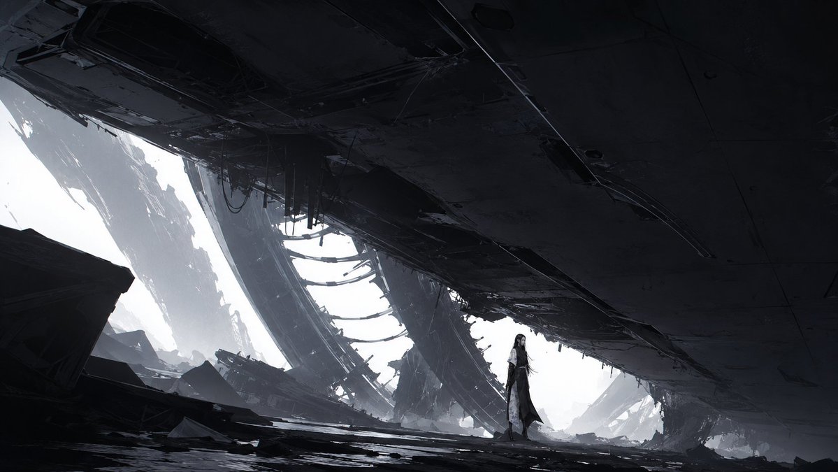 Lone Woman in Ruined Megastructure