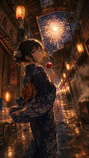 Anime Yukata Festival Alley — Create a cinematic vertical anime illustration of a young Japanese woman at a summer festival standing in a narrow old-fashioned s
