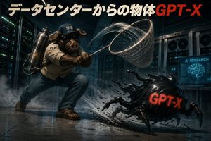 Data Center GPT-X Monster Hunt — Create a dramatic cinematic sci-fi action illustration inside a dark data center at night. A stocky anthropomorphic wild boar e