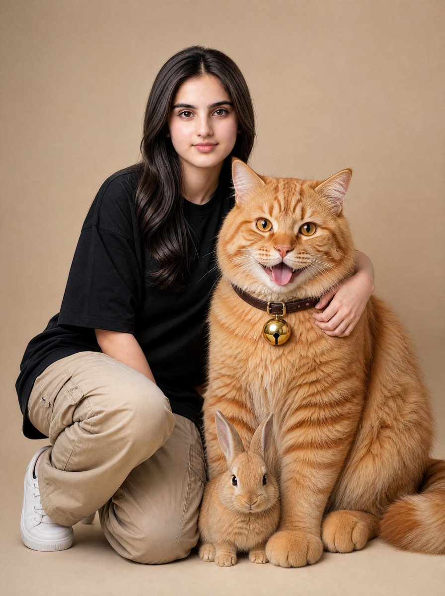 Cozy Portrait with a Giant Cat and Bunny