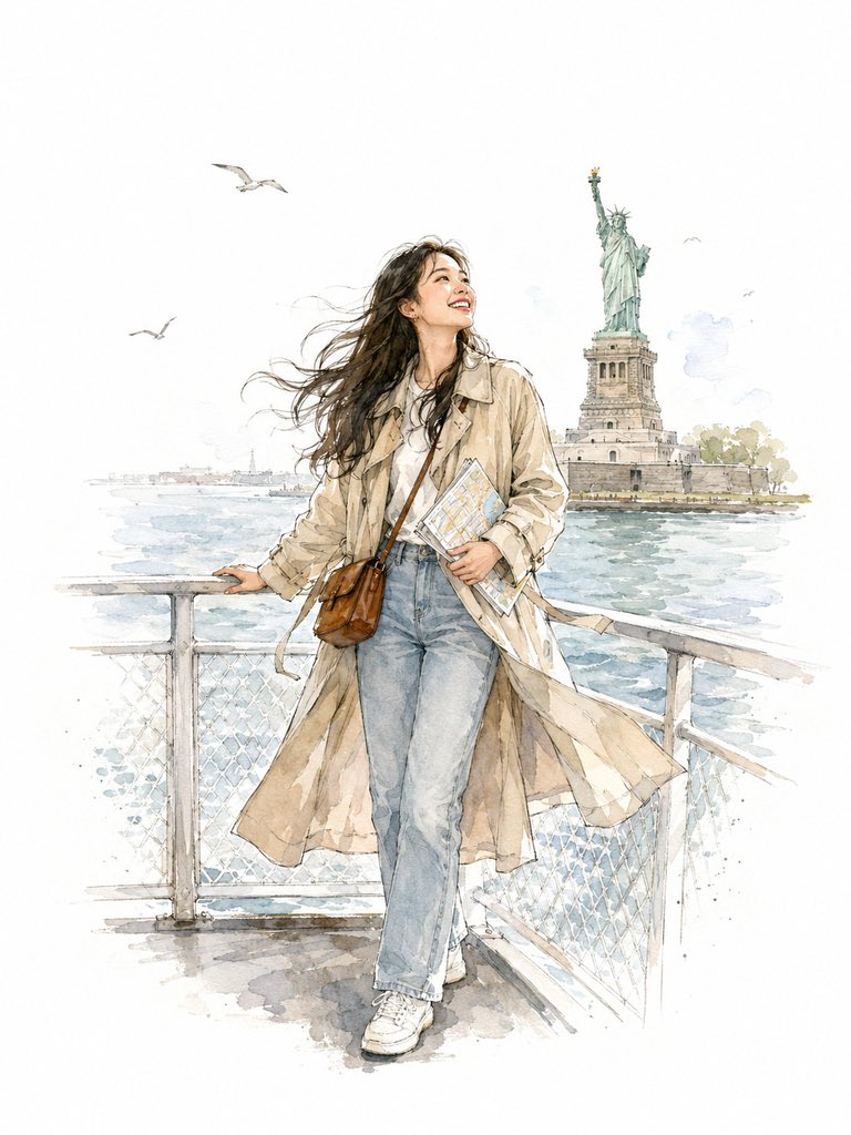 Watercolor Illustration of a Woman on a NYC Ferry