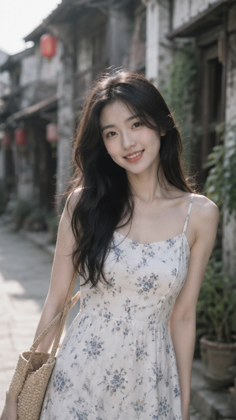 Woman in Ancient Chinese Town Lane