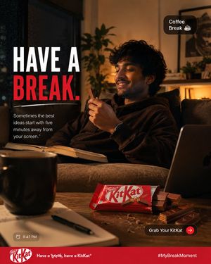 Premium KitKat UGC Advertisement Poster — KITKAT — PREMIUM UGC PRODUCT AD ROLE: Act as an award-winning UGC creative director, commercial food…