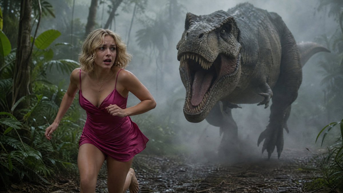 Terrified Woman Pursued by T-Rex in Jungle