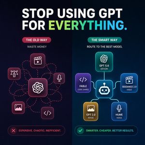 AI Model Routing Comparison Infographic — Create a square 1:1 dark futuristic tech infographic for social media comparing two AI workflow appr…