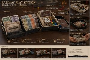 Luxury Railway Board Game Organizer Poster — Using REFERENCE_0 and REFERENCE_1 as the physical product reference, transform the modular white 3D-…