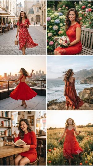 Smiling Woman in Red Dress Collage — A photo collage featuring {argument name="number of scenes" default="six"} distinct scenes of the same {argument name="subj