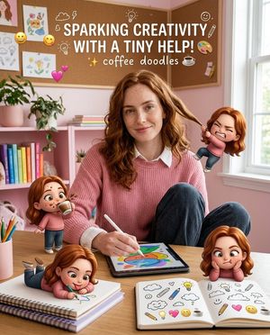 Creative Character in Pink Office — Use the {argument name="reference photo" default="reference photo"} to create a realistic female character, soft smile, with