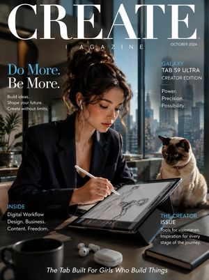Samsung Galaxy Tab Creative Magazine Cover — [SUBJECT]: A sharp, focused {argument name="subject" default="young woman"} in a structured blazer w…