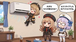 Chibi Girls Hugging Air Conditioner Comic — Goal: Create a cute single-panel chibi anime comic scene in a cozy apartment room, featuring three s…