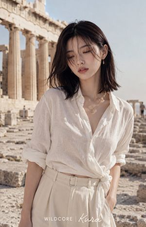 Linen Fashion Portrait at Greek Ruins — Create a vertical fashion editorial portrait at an ancient Greek temple ruin in bright natural daylight. A young East As