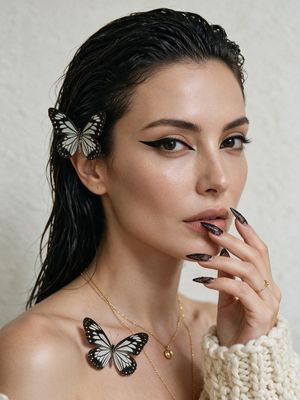 Graphic Eyeliner and Lace Nails Portrait — Use the face from the uploaded photo, preserve her appearance. Close-up, eye-level portrait [3:4]. Poised expression,