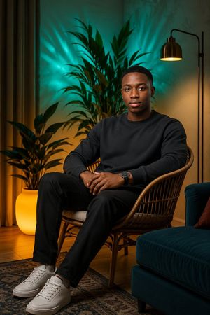 Luxury Living Room Editorial Portrait — Create an ultra-realistic luxury editorial portrait of {argument name="subject" default="a young Black man"} seated natu