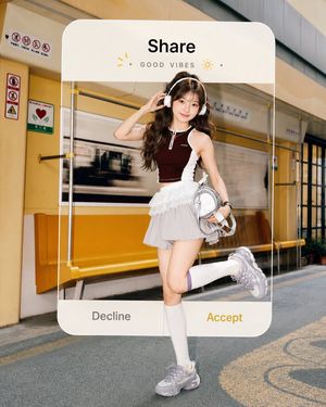 Subway Good Vibes App Card Portrait — Create a high-resolution realistic vertical 4:5 fashion editorial photo of a cheerful young woman st…