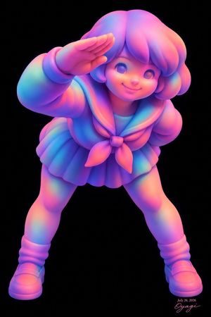 Neon Chibi Sailor Salute — Create a full-body 3D kawaii chibi anime figure of {argument name="character name" default="a cheerful schoolgirl"} posed dynamically