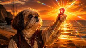 Shih Tzu Ruby Treasure Sunset — Create a cinematic fantasy adventure scene at sunset: a brave anthropomorphic {argument name="dog breed" default="Shih Tzu"} tre