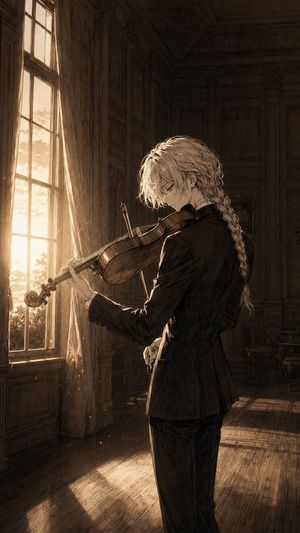 Melancholic Anime Violinist at Sunset — Create a vertical, cinematic anime illustration of {argument name="character name" default="a solitary young violinist"}