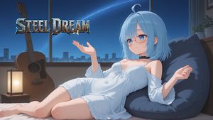 Anime Steel Dream Cover — Create a polished anime-style music cover illustration for {argument name="song title" default="STEEL DREAM"}. A relaxed young anime w