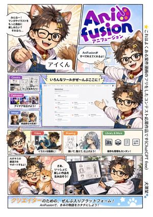 AniFusion Manga Promo Poster — Goal: Create a colorful full-page Japanese manga-style promotional comic poster for {argument name="…