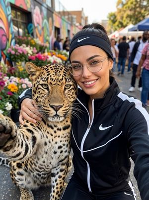 Leopard Selfie Street Market Portrait — A selfie-angle shot in 3:4 aspect ratio featuring the {argument name="reference person" default="woman from the referenc