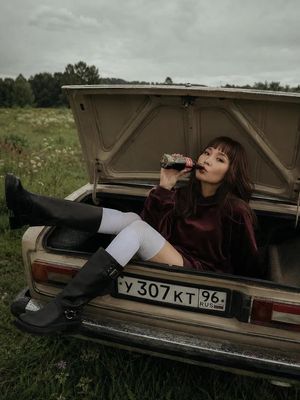Vintage Soviet Sedan Meadow Portrait AI image template preview