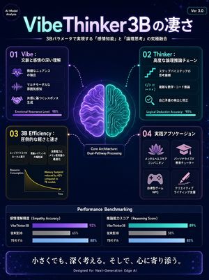 VibeThinker3B Japanese Infographic — {argument name="対象" default="VibeThinker3B"}の凄さを、日本語インフォグラフィック画像で表現。