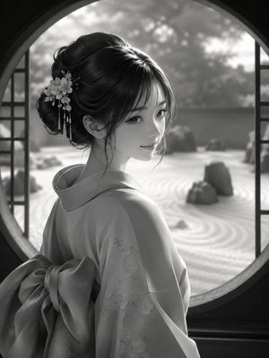 Monochrome Kimono Portrait — Create a monochrome, photorealistic cinematic portrait of a graceful young Japanese woman in traditi…