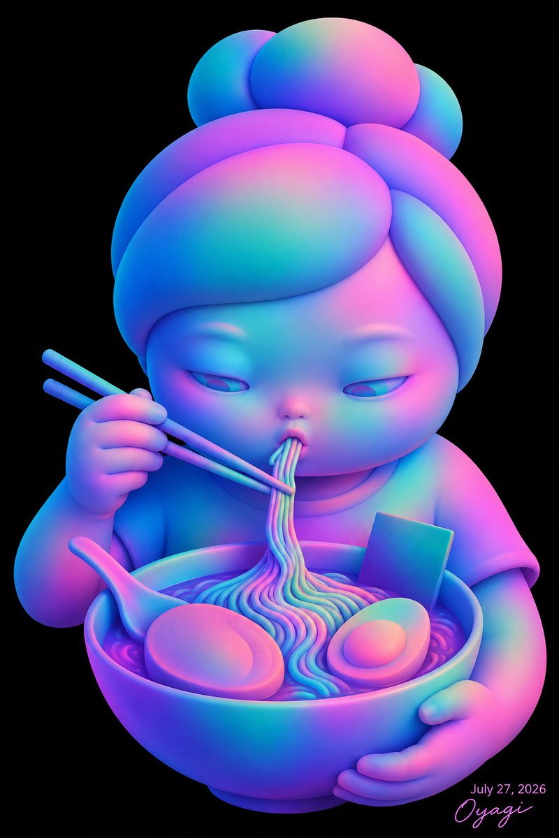 Neon Chibi Girl Eating Ramen