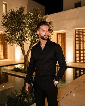 Sophisticated Mediterranean Night Portrait — {argument name="subject" default="An adult male"} stands confidently with a 45-degree turn to the right, his weight