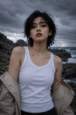 Volcanic Coastline Fashion Portrait — Ultra-photorealistic editorial fashion portrait of a young East Asian woman standing on a rugged vol…