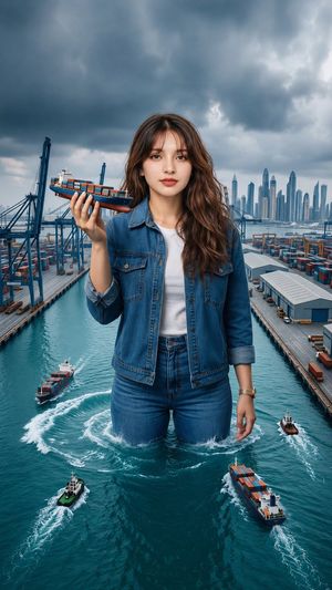 Shipping Port and Manga Collage Mashup — Create a hyper-realistic, cinematic editorial portrait of the {argument name="subject" default="same…