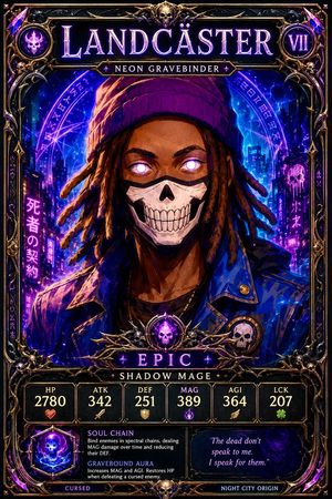 Neon Gravebinder Fantasy Card — Goal: Create a vertical fantasy trading card for {argument name="character name" default="LANDCASTER…