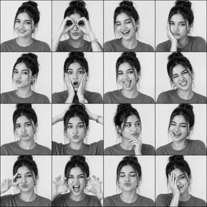 Black-and-White Photobooth Expression Grid — Create a square black-and-white photobooth expression grid featuring {argument name="character name" default="the s