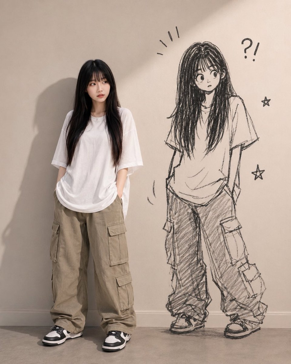 Quiet Girl With Playful Doodle Shadow
