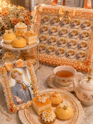 Orange Oshi Afternoon Tea — Create a warm, luxurious hobby-fan afternoon tea flat-lay/tabletop photograph themed around {argument name="oshi color" default="ora