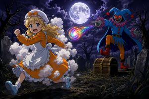 Moonlit Anime Graveyard Chase — Create a dramatic anime-style fantasy action illustration set in a moonlit graveyard at night. The s…